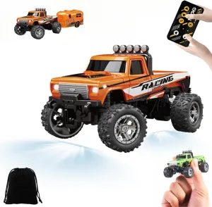 Mini Rc Monster Truck, 1/64 Scale Monster Truck Remote Control Car with Lights, 2.4Ghz Remote Control Rechargeable Mini Monster Truck Rc, Alloy Rc Semi Truck with Trailer, Speed Adjustable, Orange
