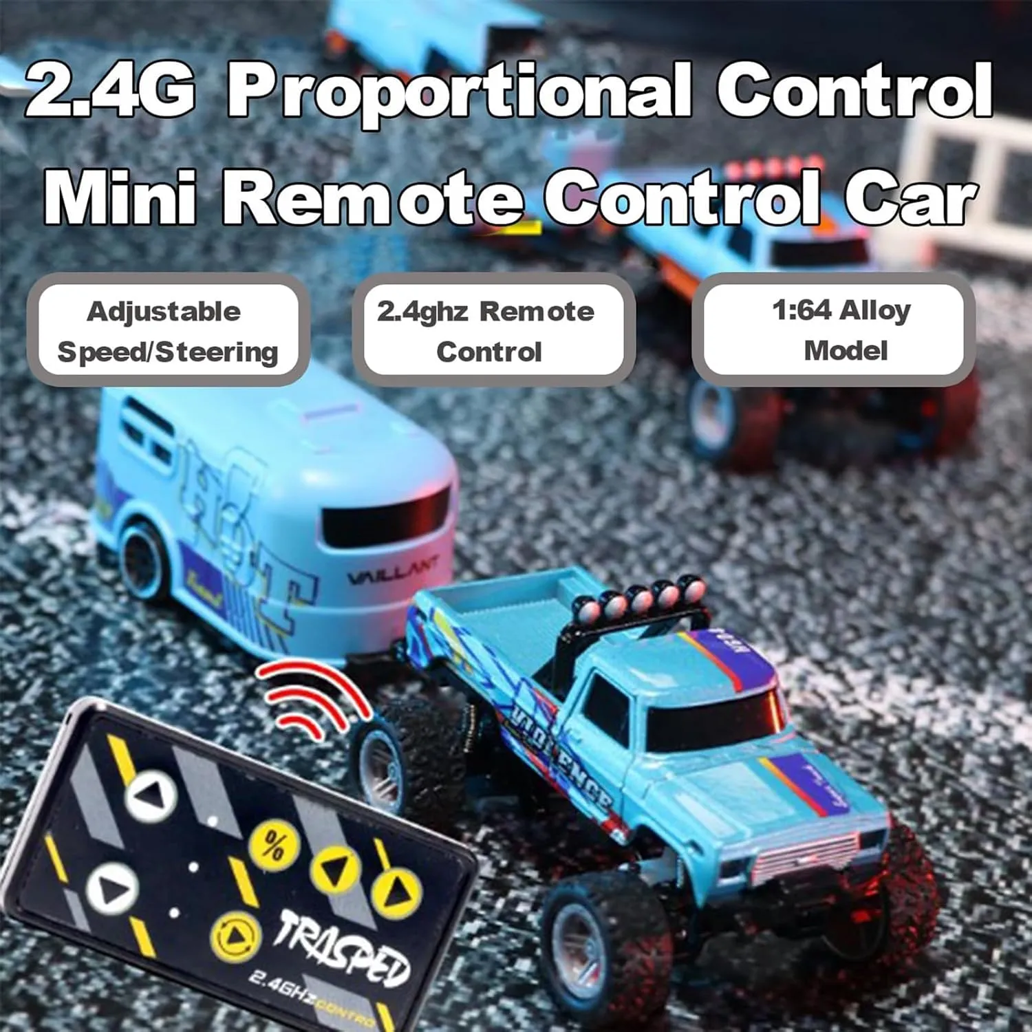 Mini Rc Monster Truck, 1/64 Scale Monster Truck Remote Control Car with Lights, 2.4Ghz Remote Control Rechargeable Mini Monster Truck Rc, Alloy Rc Semi Truck with Trailer, Speed Adjustable, Orange