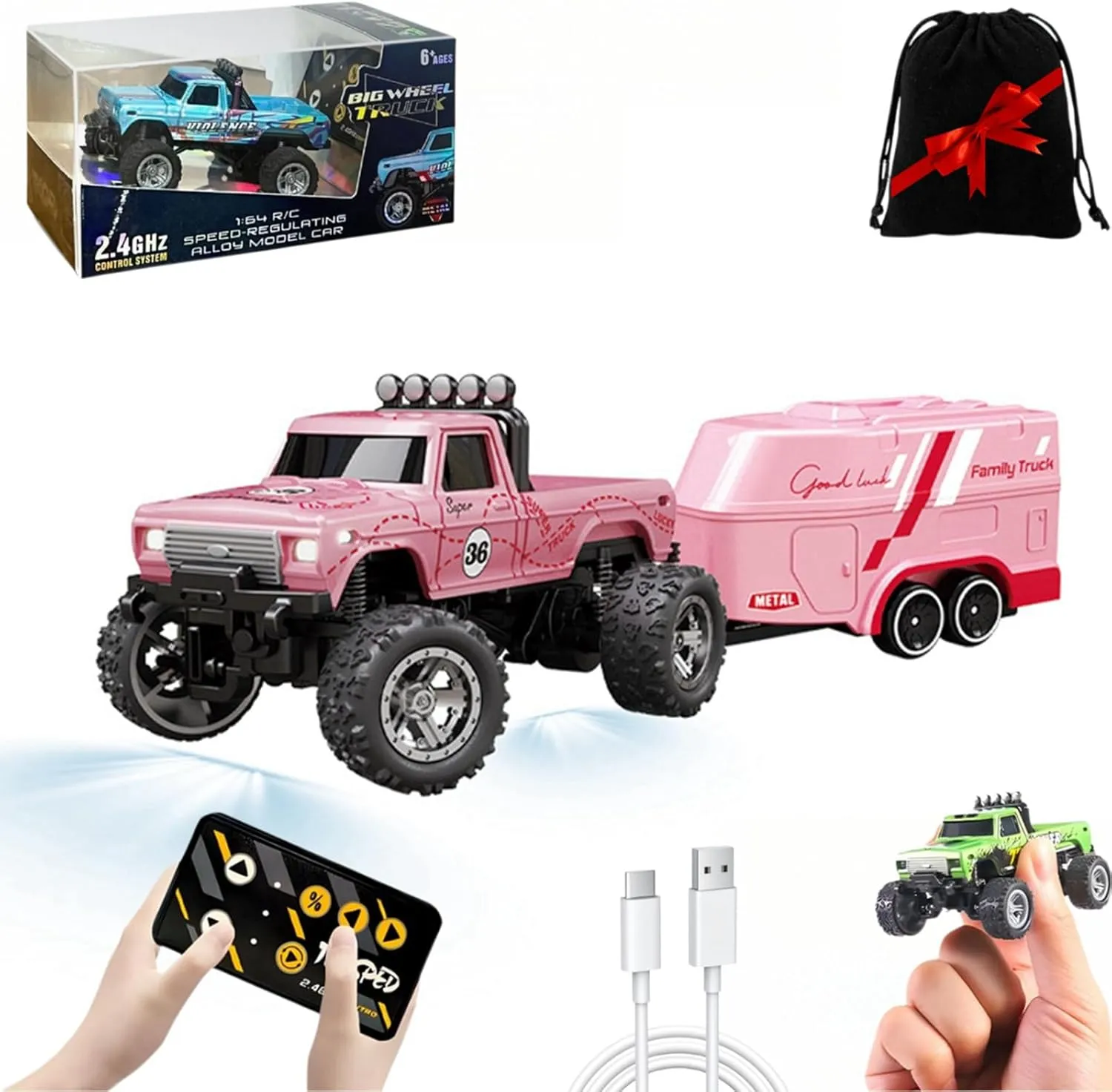 Mini Rc Monster Truck, 1/64 Scale Monster Truck with Lights, 2.4Ghz Remote Control Car Rechargeable Mini Monster Truck Rc, Alloy Rc Semi Truck for Kids Gifts, Speed Adjustable (with Trailer Pink)