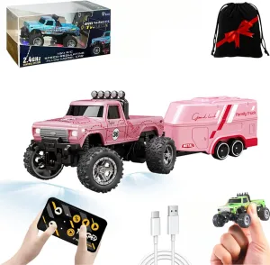 Mini Rc Monster Truck, 1/64 Scale Monster Truck with Lights, 2.4Ghz Remote Control Car Rechargeable Mini Monster Truck Rc, Alloy Rc Semi Truck for Kids Gifts, Speed Adjustable (with Trailer Pink)