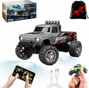 Mini RC Monster Truck 1/64 Scale With Lights, 2.4Ghz Remote Control Car Rechargeable, Alloy Semi Truck for Kids Gifts, Speed Adjustable (Without Trailer Grey)