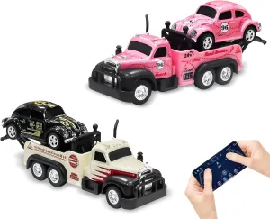 Mini RC Truck, 2PCS 1/64 Scale Tow Truck Toy Remote Control Car with Lights, Mini Alloy Monster Trucks, 2.4GHz Remote & APP Control, Adjustable Speed & Steering (Pink & White)