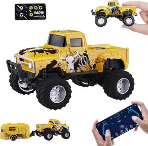 Mini RC Truck with APP Control, 1:64 Scale Monster Truck Toy, 2.4GHz Wireless Remote Control, LED Lights, Alloy Case, MultiControl Modes, Speed/Steering Adjustable (Yellow)