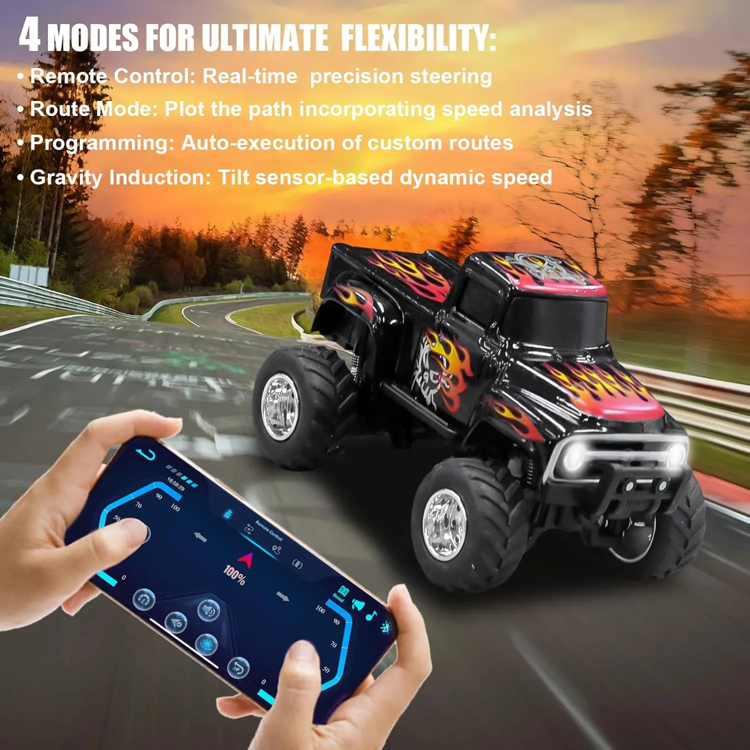 Mini RC Truck with APP Control, 1:64 Scale Monster Truck Toy, 2.4GHz Wireless Remote Control, LED Lights, Alloy Case, MultiControl Modes, Speed/Steering Adjustable (Yellow)