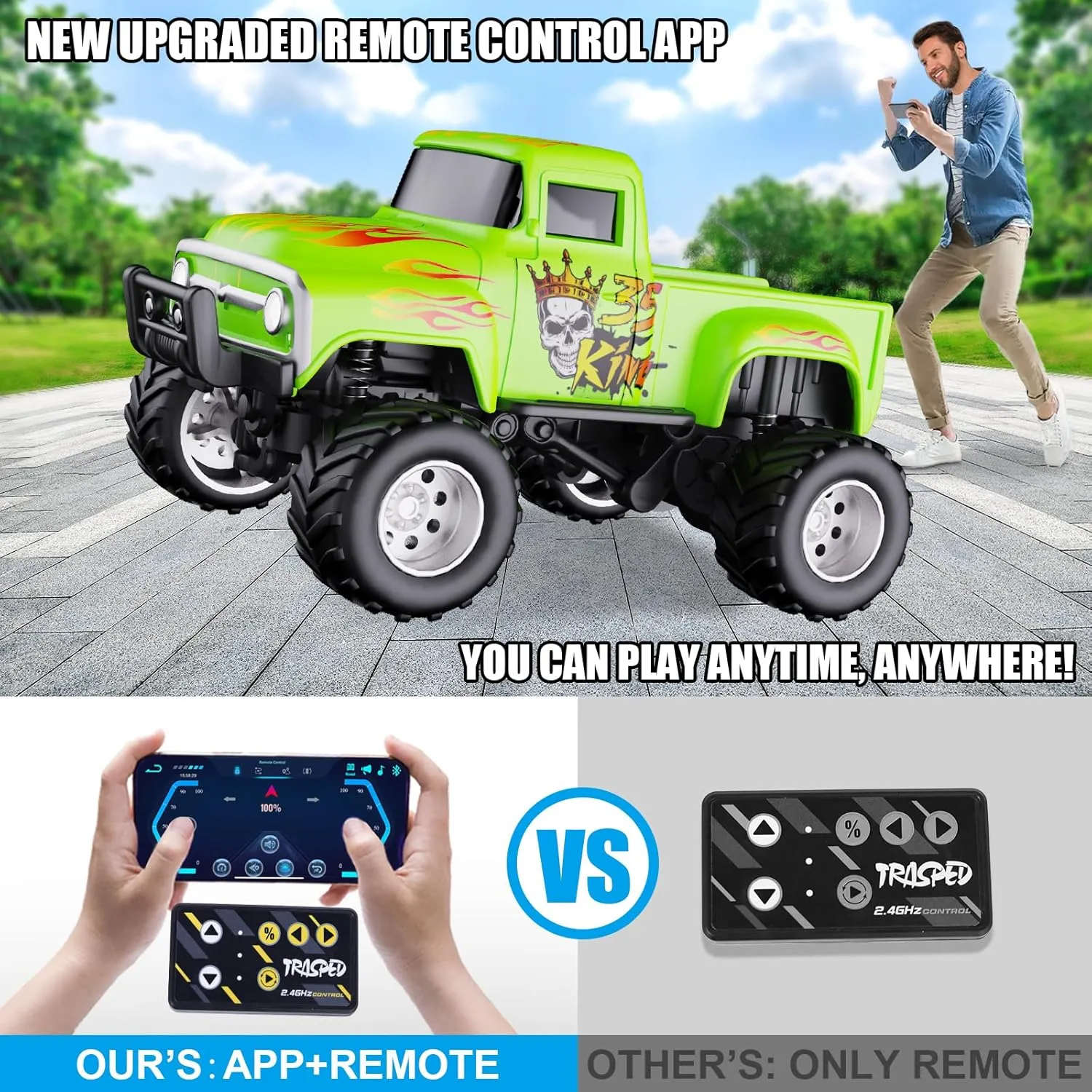 Mini RC Truck with APP Control, 1:64 Scale Monster Truck Toy, 2.4GHz Wireless Remote Control, LED Lights, Alloy Case, MultiControl Modes, Speed/Steering Adjustable (Yellow)
