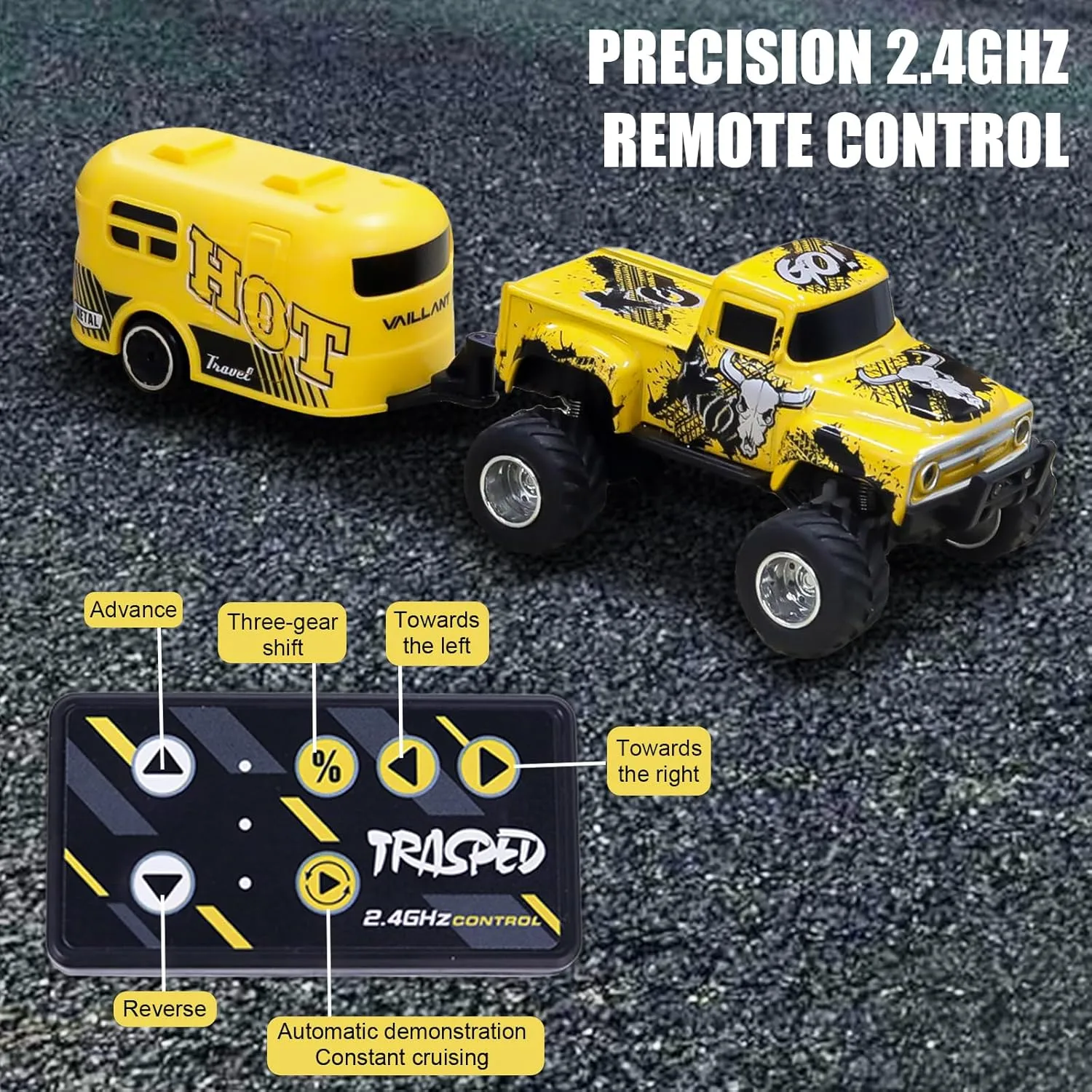 Mini RC Truck with APP Control, 1:64 Scale Monster Truck Toy, 2.4GHz Wireless Remote Control, LED Lights, Alloy Case, MultiControl Modes, Speed/Steering Adjustable (Yellow)