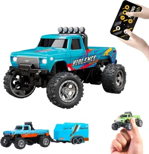 Mini Rc Truck,1:64 Scale Monster Truck Remote Control Car with Lights, 2.4Ghz Remote Control, Mini Alloy Monster Truck Rc, Speed/Steering Adjustable (Blue-A)