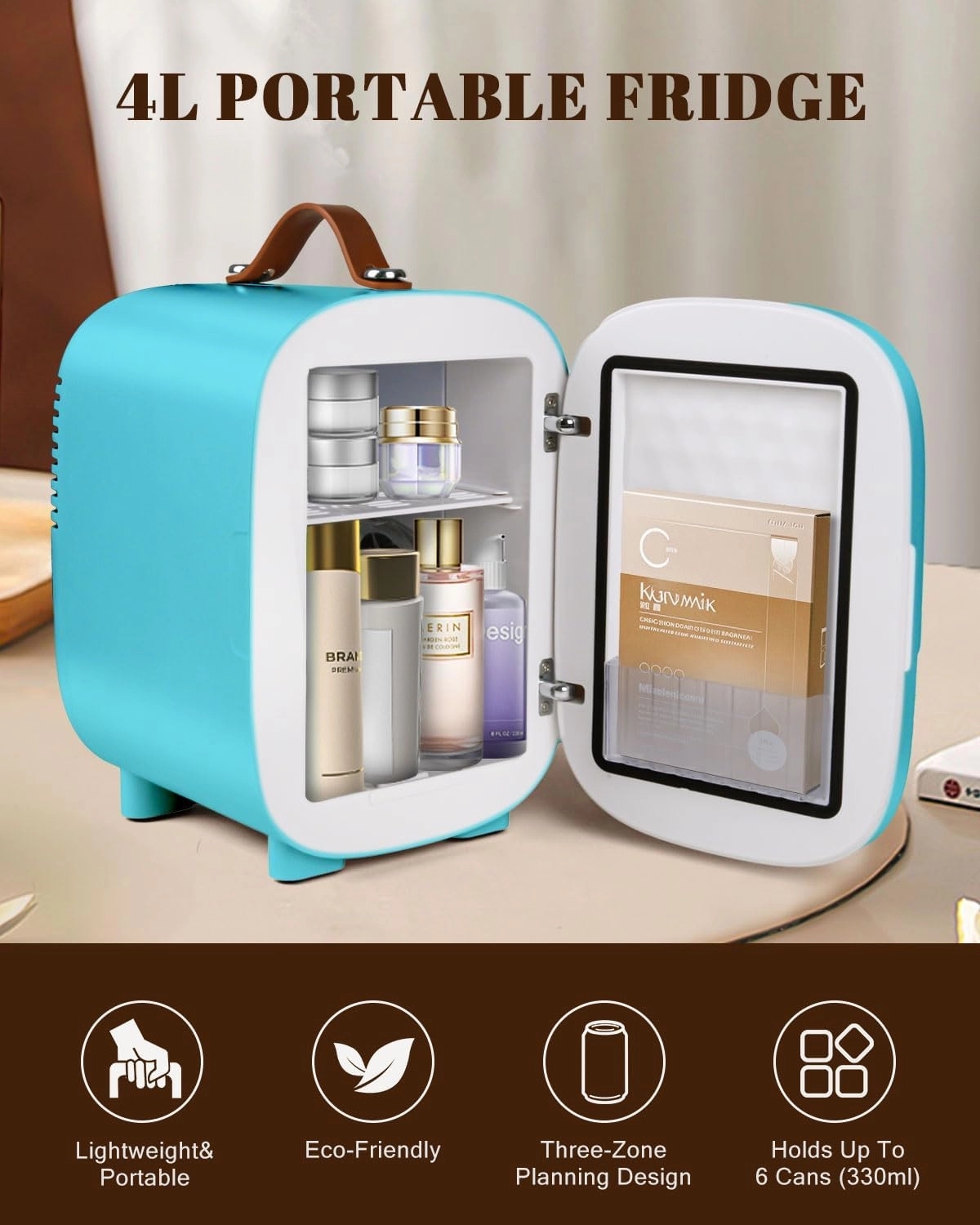 Mini Fridge for Bedroom, 4 Liter/6 Cans Skincare Small Refrigerator, AC/DC Portable Mini Cooler & Warmer, Small Fridge for Camping, Dorm, Office, Car (Blue)