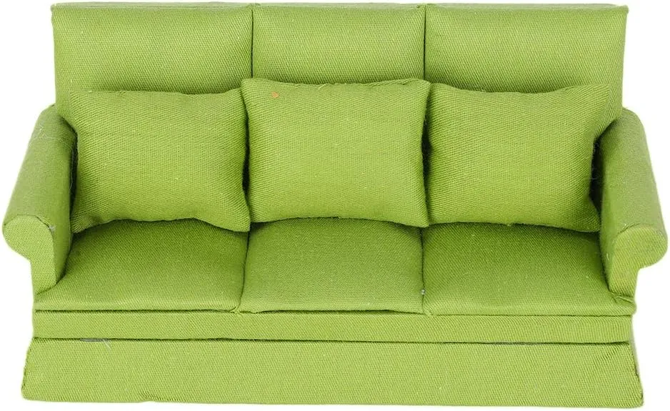 Miniature Dollhouse Sofa, 1:12 Doll House Mini Sofa with 3Pcs Pillow, DIY Dollhouse Living Room Furniture Wooden Doll House Decoration Accessories(Green)
