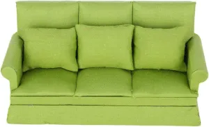 Miniature Dollhouse Sofa, 1:12 Doll House Mini Sofa with 3Pcs Pillow, DIY Dollhouse Living Room Furniture Wooden Doll House Decoration Accessories(Green)