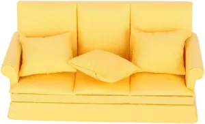 Miniature Dollhouse Sofa, 1:12 Doll House Mini Sofa with 3Pcs Pillow, DIY Dollhouse Living Room Furniture Wooden Doll House Decoration Accessories(Yellow)