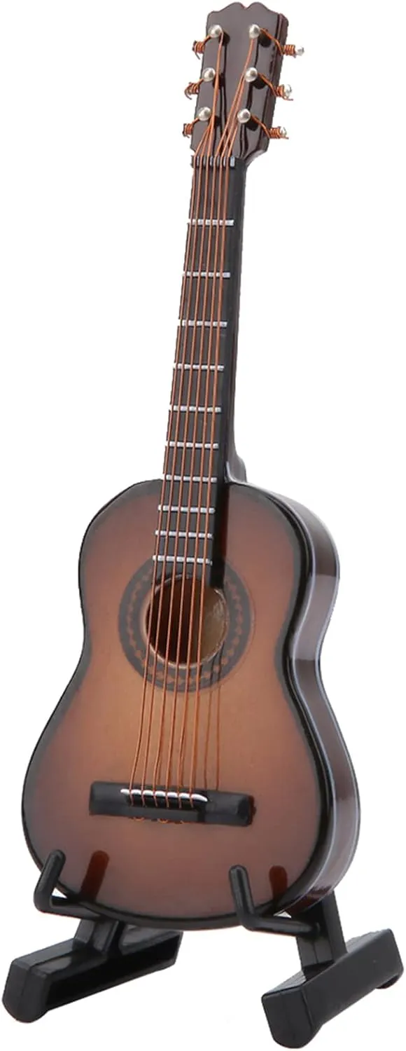 Miniature Guitar Model Decor, Miniature Wooden Guitar Model Display with Stand and Case Mini Musical Instrument Ornaments Craft Miniature Dollhouse Model Home Decoration (10cm