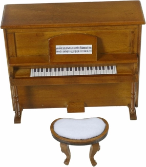 Miniature Piano Model for Dollhouse Mini Stool Toy Oak Wood Living Room Decor