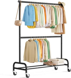 MISSLO Heavy Duty Clothes Rack for Hanging Clothes Double Rod Rolling Clothing Rack Heavy Duty on Wheels for Coat, Garment, Matte Black