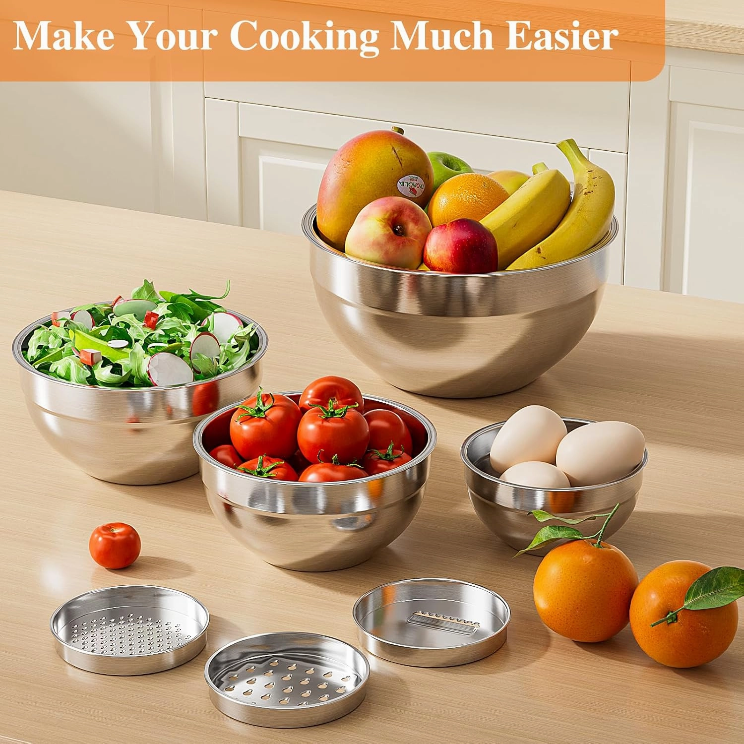 Mixing Bowls with Lids Set, 6 PCS Stainless Steel Mixing Bowls with 3 Grater Attachments, Kitchen Food Storage Organizers Nesting Mixing Bowl, Large Size 4.5, 3.5, 2.1, 1.5, 1.1, 0.7QT-Black