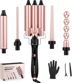 MOCEMTRY 5 in 1 Curling Wand Set with 3 Barrel Hair Crimper for Women，Fast Heating Hair Wand Curler with Two Temp Control. (C528)