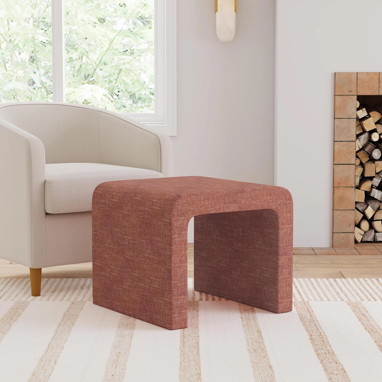 Modern Arch Chenille Ottoman|Homepop Home Décor|Ottoman for Living Room & Bedroom - Pink