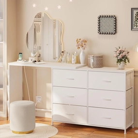 Modern Corner Vanity Desk with 6 Fabric Drawers Power Outlet Side Pocket L Shaped Drawers Makeup Desk Dressing Table for Girls Women Bedroom
