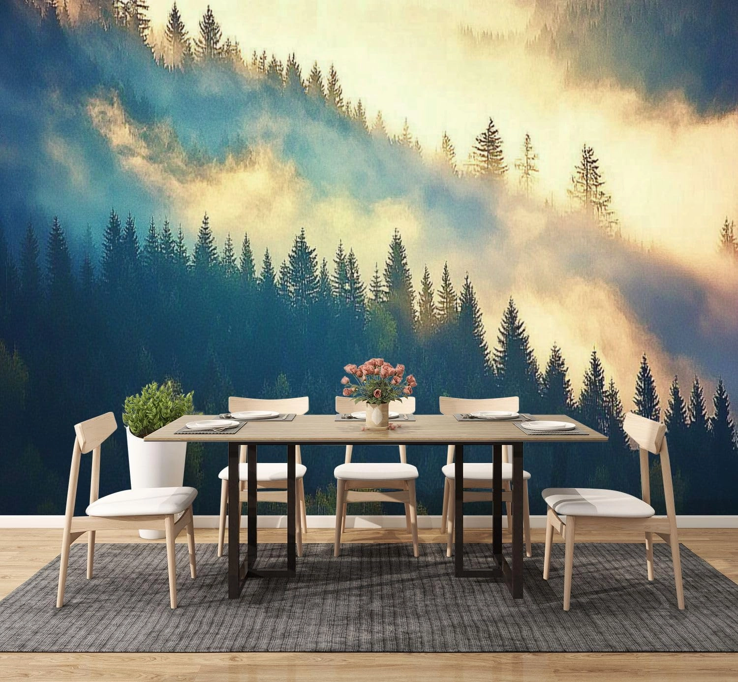 Modern Peel and Stick Wall Mural Wallpaper View Misty Fog Mountains Autumn Self Adhesive Removable Wall Stickers for Living Room Bedroom TV Background 100"x144"