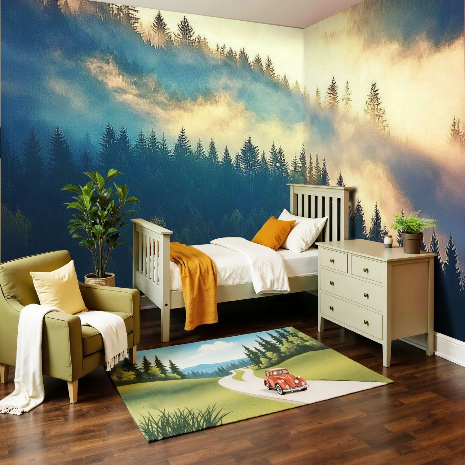 Modern Peel and Stick Wall Mural Wallpaper View Misty Fog Mountains Autumn Self Adhesive Removable Wall Stickers for Living Room Bedroom TV Background 100"x144"