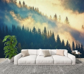 Modern Peel and Stick Wall Mural Wallpaper View Misty Fog Mountains Autumn Self Adhesive Removable Wall Stickers for Living Room Bedroom TV Background 100"x144"
