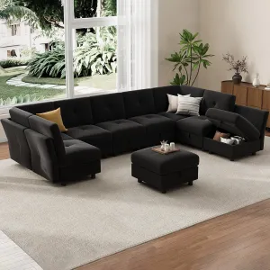 Modular Sectional Sofa, 143.8 Inch Sectionals Couch L Shaped Sofa with Storage Ottoman, 9 Seat Comfy Sectionals Couches, Velvet Couch with Upholstered for Living Room, Apartment Black