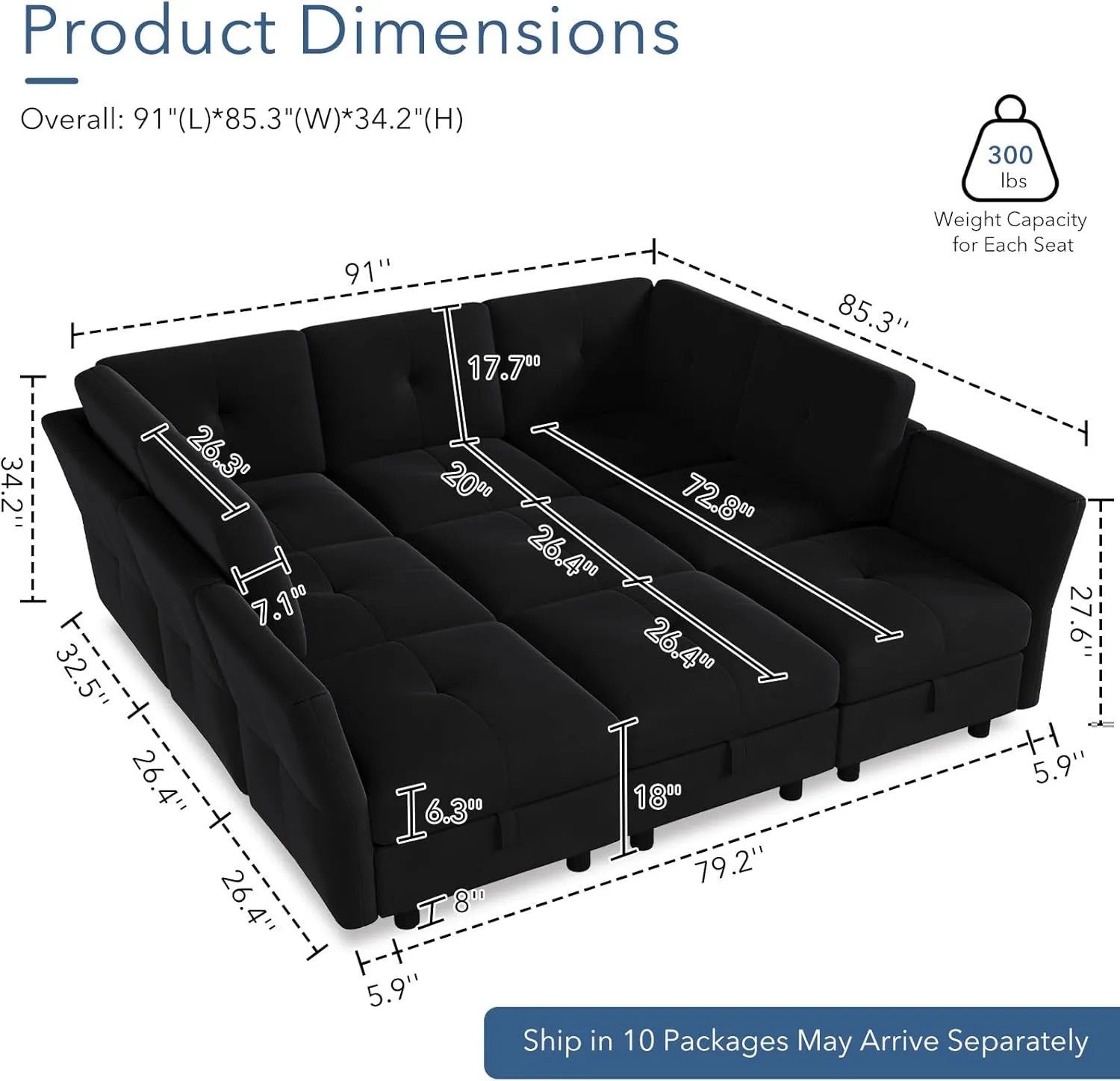 Modular Sectional Sofa, 143.8 Inch Sectionals Couch L Shaped Sofa with Storage Ottoman, 9 Seat Comfy Sectionals Couches, Velvet Couch with Upholstered for Living Room, Apartment Black