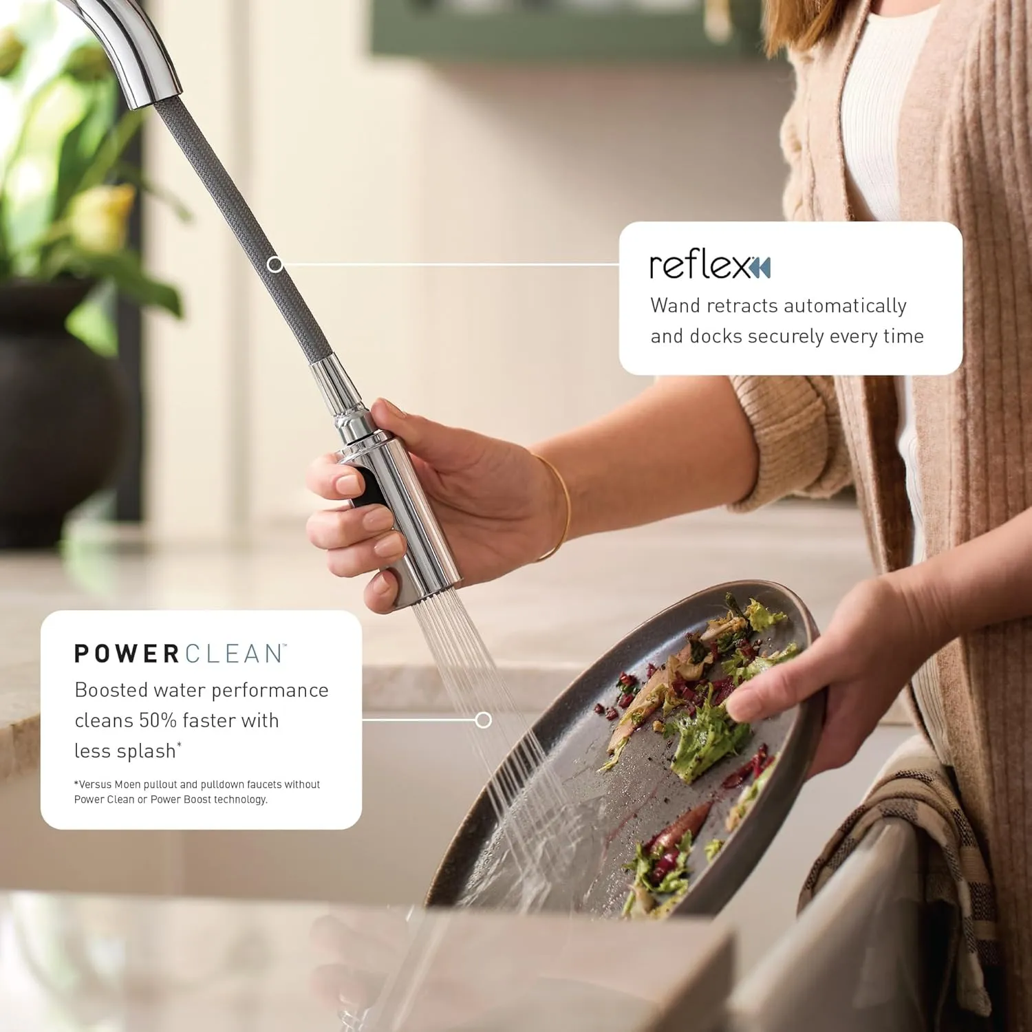 Moen Riley Chrome One-Handle Pulldown Kitchen Faucet Featuring Power Boost for a Faster Clean and Reflex Docking System for the Spray Head, Modern Kitchen Sink Faucet, 7402C