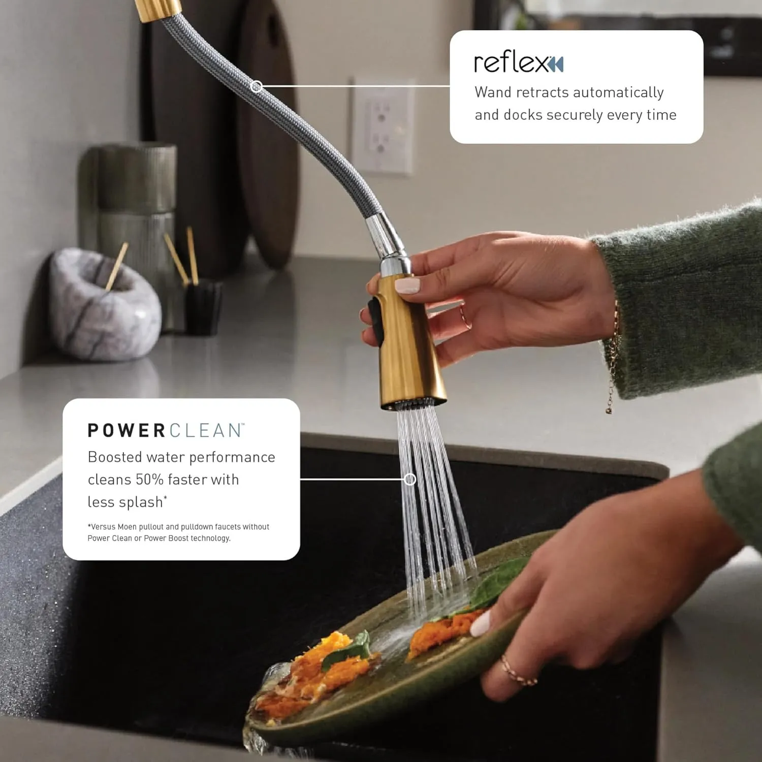 Moen Sleek Brushed Gold Motionsense Wave Sensor Touchless Kitchen Faucet, One-Handle Modern Kitchen Sink Faucet with Pulldown Sprayer Featuring Power Clean, 7864EWBG