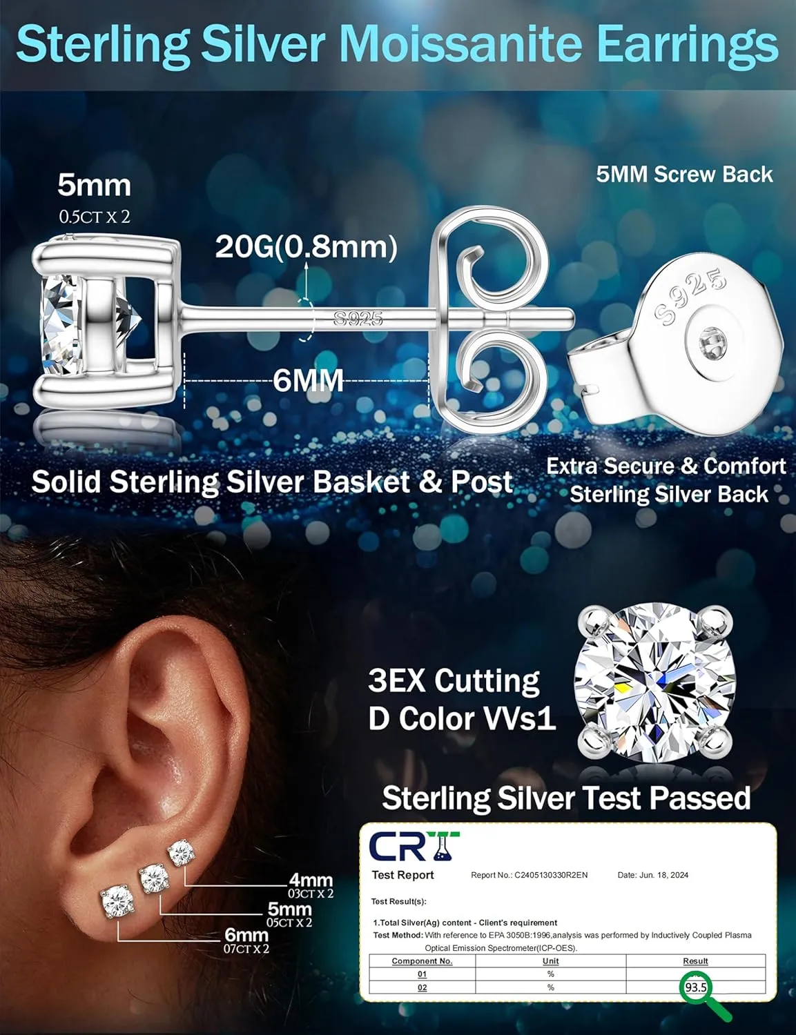 Moissanite Stud Earrings 3 Pairs 14K White Gold Plated Sterling Silver Men's Flat Back Stud Earring Cartilage Helix Piercing D Color Moissanite Earrings Birthday Gifts for Men Women 1.8ct-3.2ct