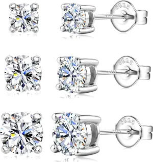 Moissanite Stud Earrings 3 Pairs 14K White Gold Plated Sterling Silver Men's Flat Back Stud Earring Cartilage Helix Piercing D Color Moissanite Earrings Birthday Gifts for Men Women 1.8ct-3.2ct