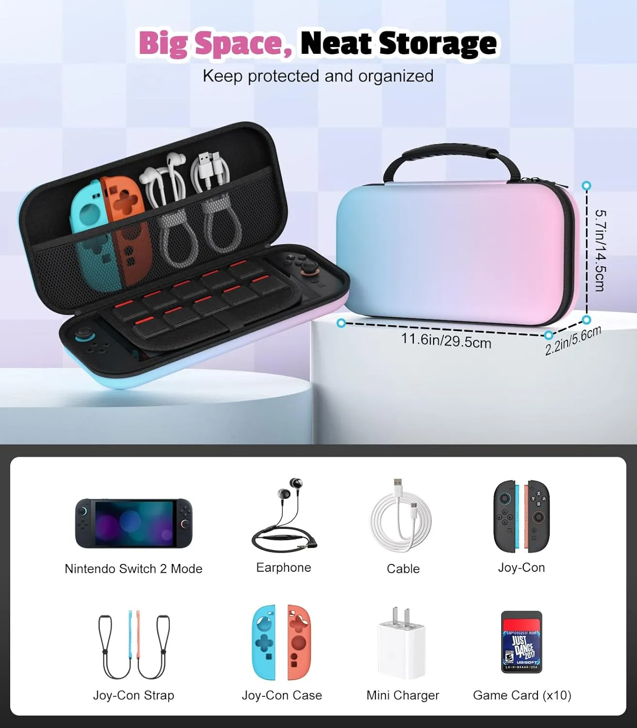 MoKo Carrying Case for Nintendo Switch 2(2025), Protective Hard Shell Portable Travel Carry Case Pouch holds 10 Cartridges with Pockets for Switch 2 Accessories and Games, Blue Pink