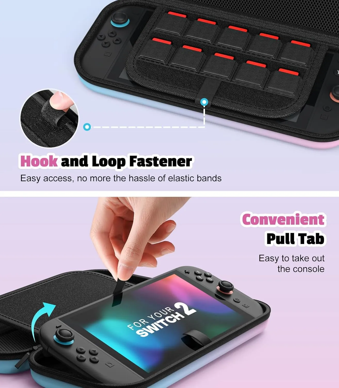 MoKo Carrying Case for Nintendo Switch 2(2025), Protective Hard Shell Portable Travel Carry Case Pouch holds 10 Cartridges with Pockets for Switch 2 Accessories and Games, Blue Pink
