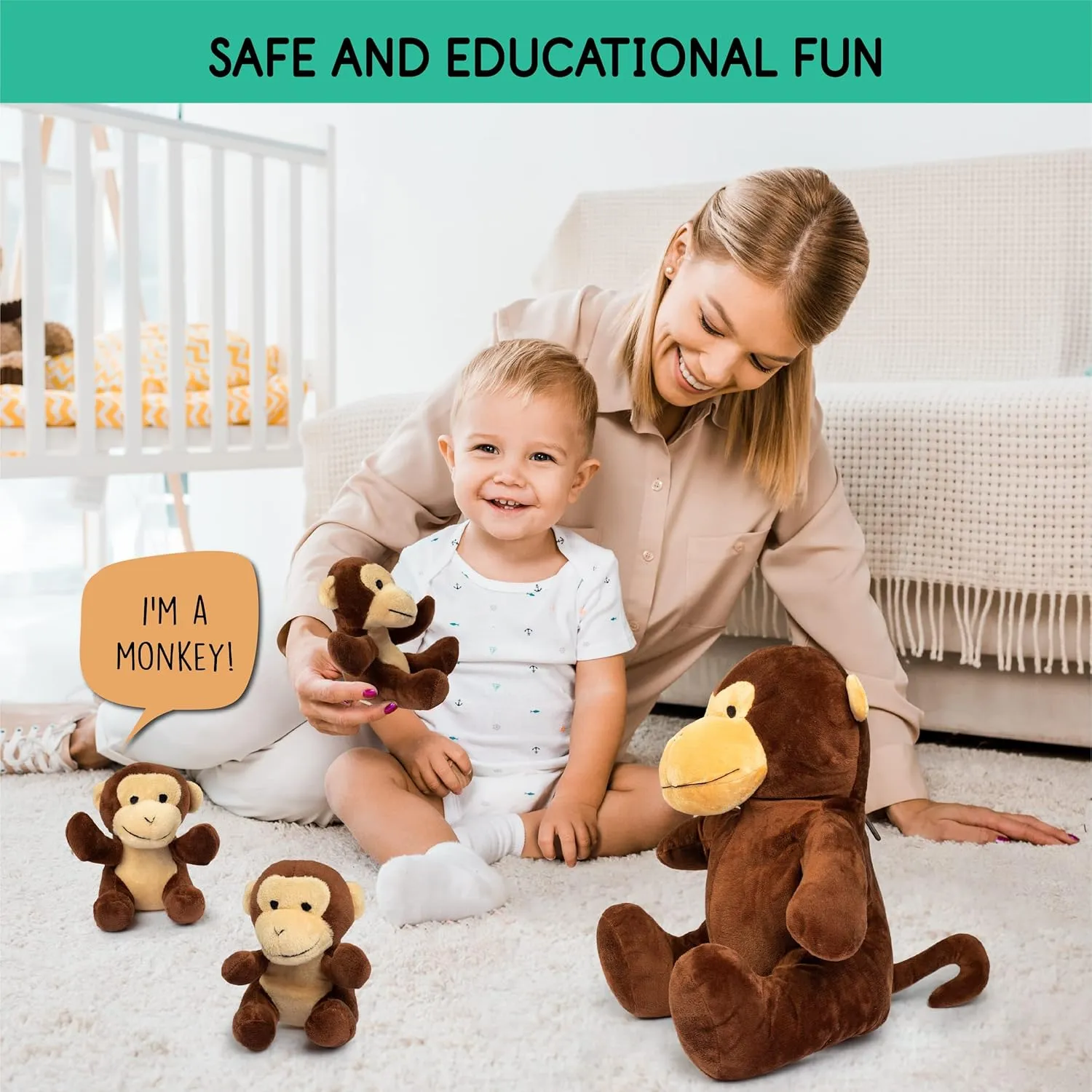 Mommy Monkey & 3 Babies | Plush Monkey Family | Ages 0 