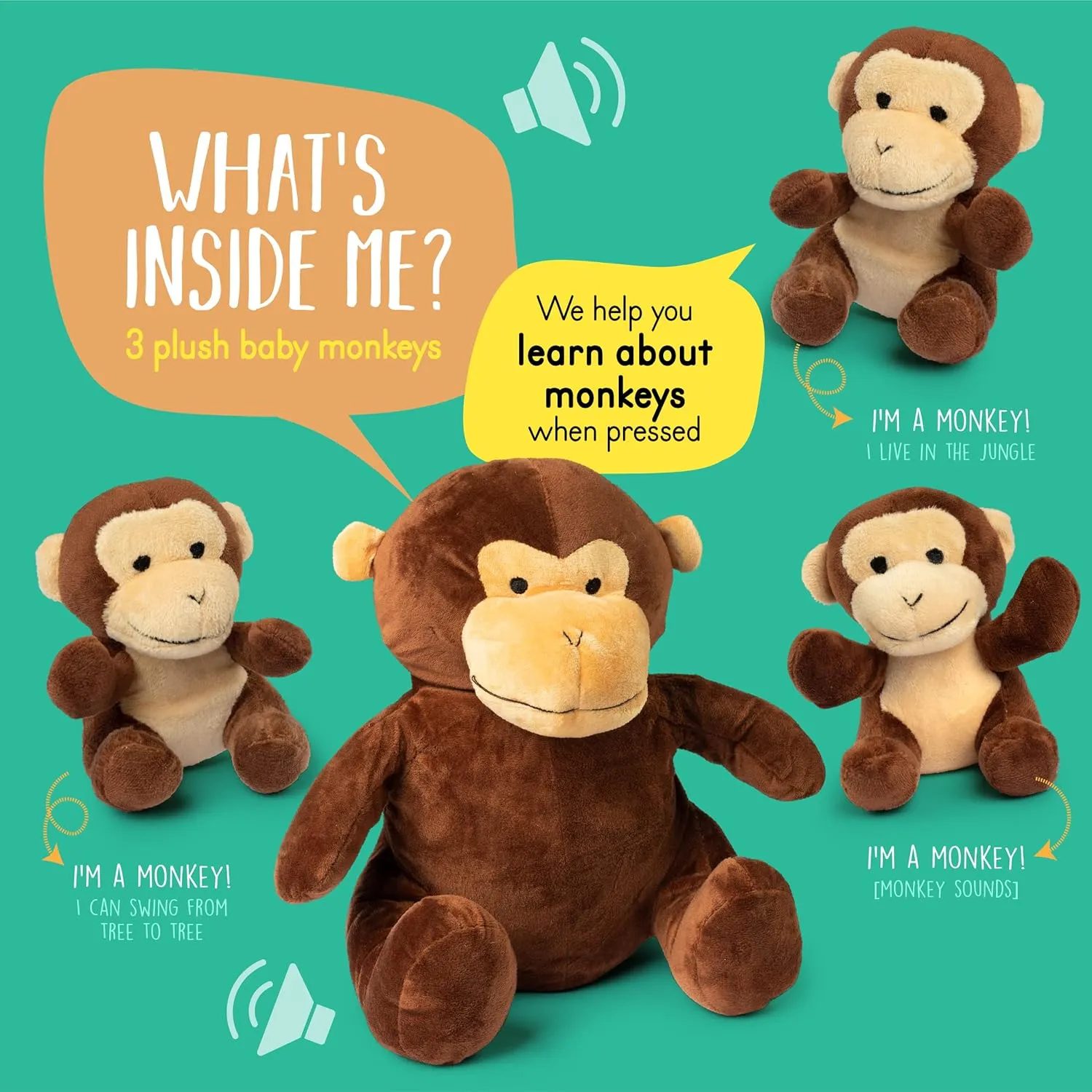 Mommy Monkey & 3 Babies | Plush Monkey Family | Ages 0 