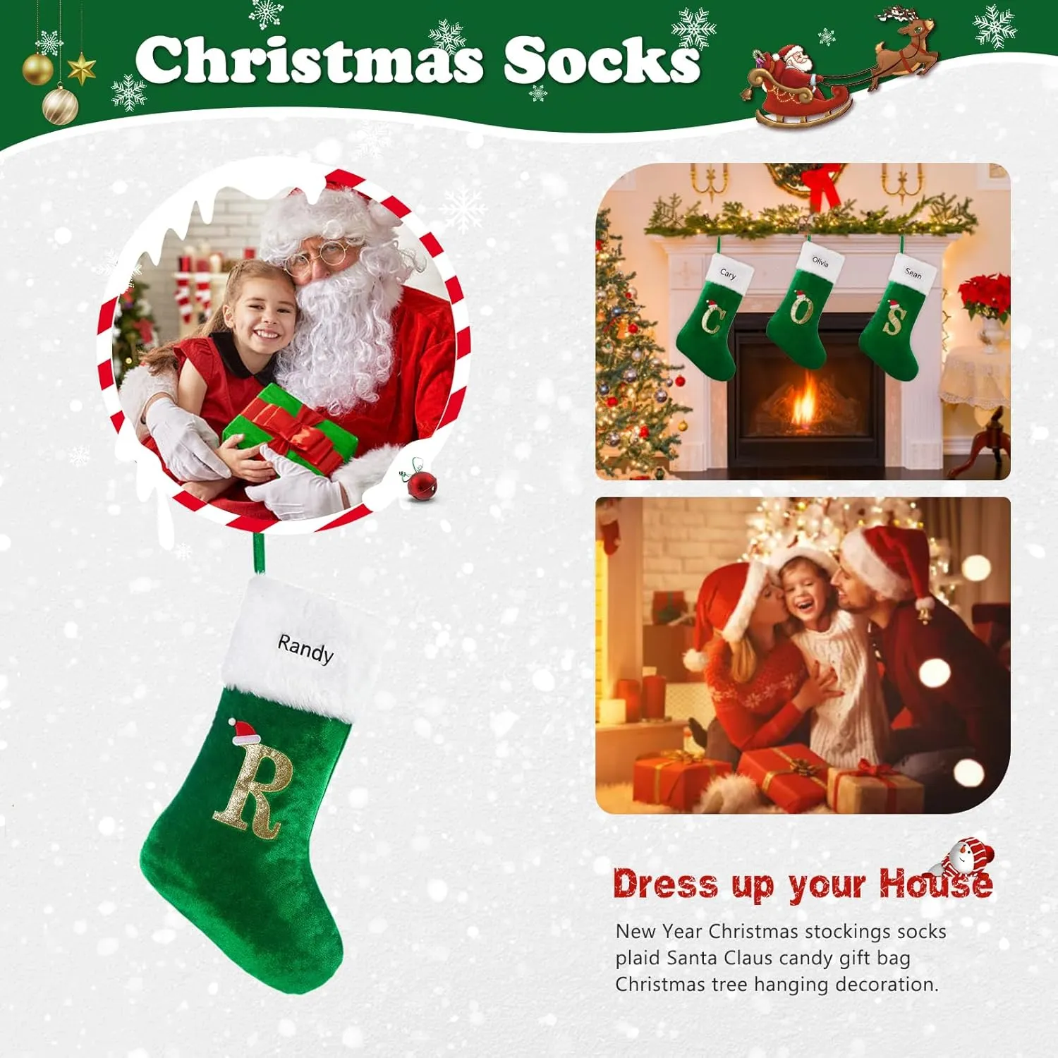 Monogram Christmas Stockings Green Velvet with White Super Soft Plush, Custom Embroidered Letter Christmas Stocking, Personalized Name Xmas Stocking Decoration for Family Holiday Decor(Letter R)