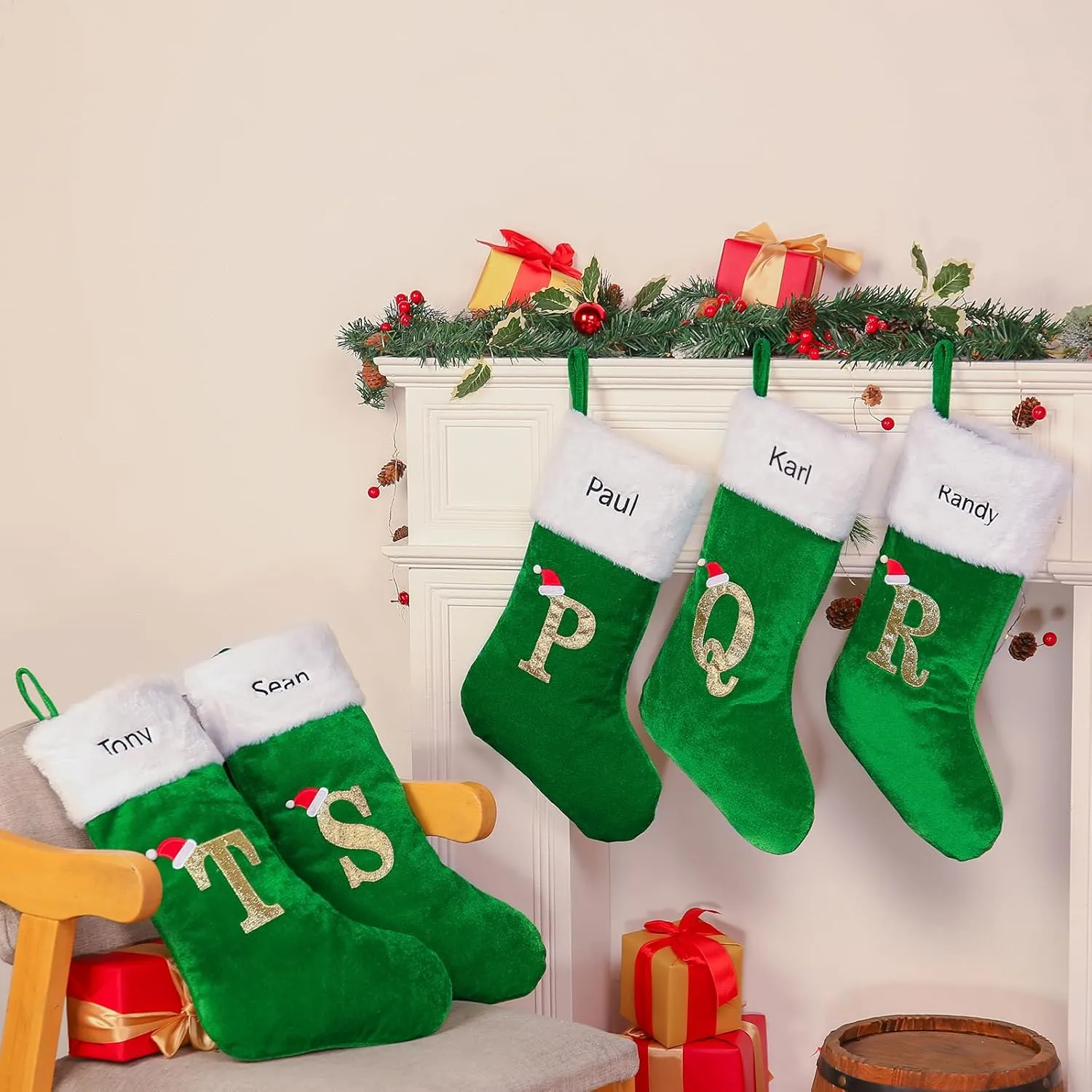 Monogram Christmas Stockings Green Velvet with White Super Soft Plush, Custom Embroidered Letter Christmas Stocking, Personalized Name Xmas Stocking Decoration for Family Holiday Decor(Letter R)