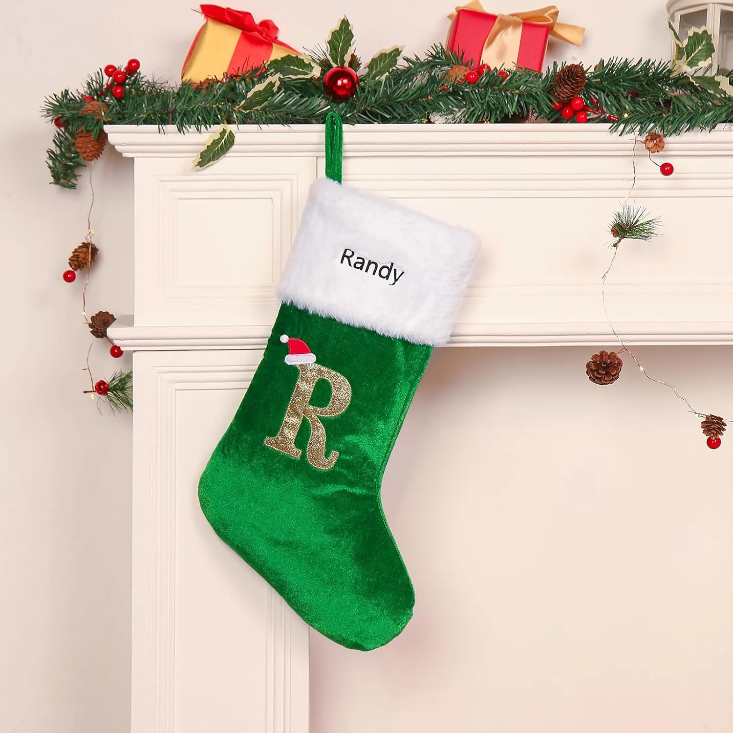 Monogram Christmas Stockings Green Velvet with White Super Soft Plush, Custom Embroidered Letter Christmas Stocking, Personalized Name Xmas Stocking Decoration for Family Holiday Decor(Letter R)