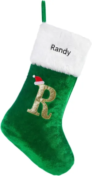Monogram Christmas Stockings Green Velvet with White Super Soft Plush, Custom Embroidered Letter Christmas Stocking, Personalized Name Xmas Stocking Decoration for Family Holiday Decor(Letter R)