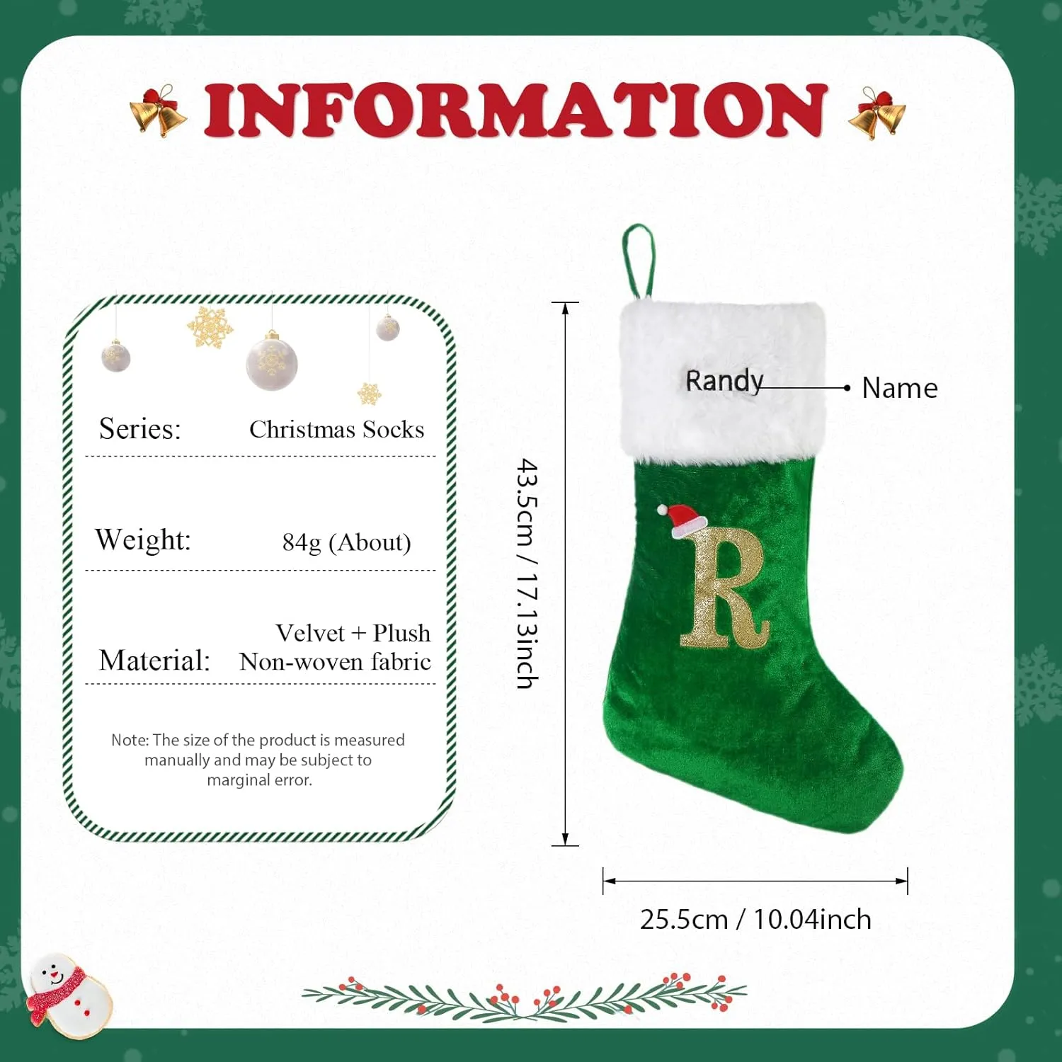 Monogram Christmas Stockings Green Velvet with White Super Soft Plush, Custom Embroidered Letter Christmas Stocking, Personalized Name Xmas Stocking Decoration for Family Holiday Decor(Letter R)