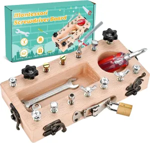 Montessori Toys for 3 4 5 Year Old with Lock and Key, Wooden Sensory Toddler Screwd Tool Set, Montessori Screwdriver Board Set, Fine Motor Skills Toys for Educational Preschool Gift for Boys