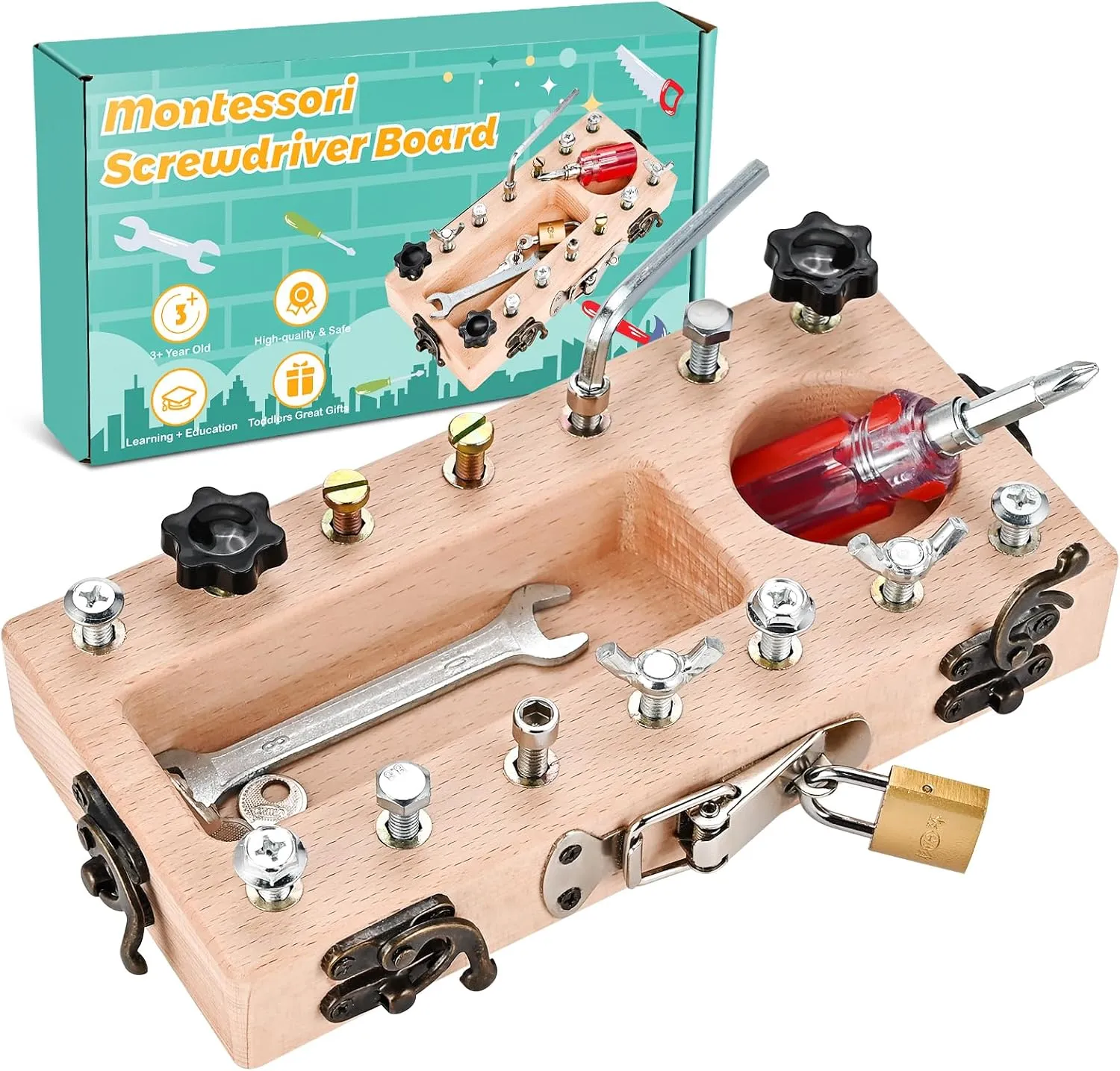 Montessori Toys for 3 4 5 Year Old with Lock and Key, Wooden Sensory Toddler Screwd Tool Set, Montessori Screwdriver Board Set, Fine Motor Skills Toys for Educational Preschool Gift for Boys