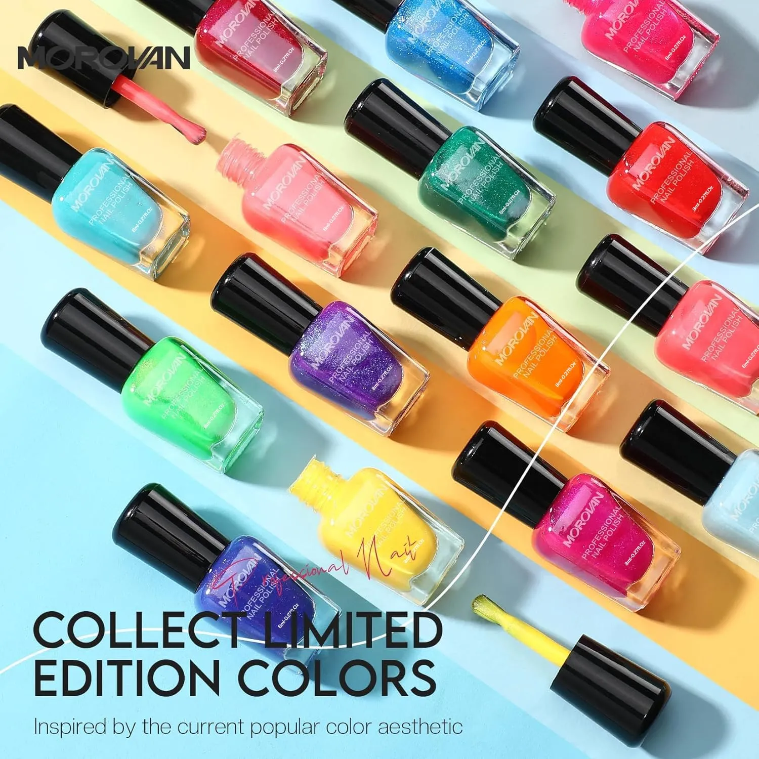 Morovan Nail Polish Set Fingernail: Shimmer Glitter Air Dry 15 Bright Colors 0.27oz Neon Regular Nail Polish Kit Finger Nail Set Gift for Women Spring Summer