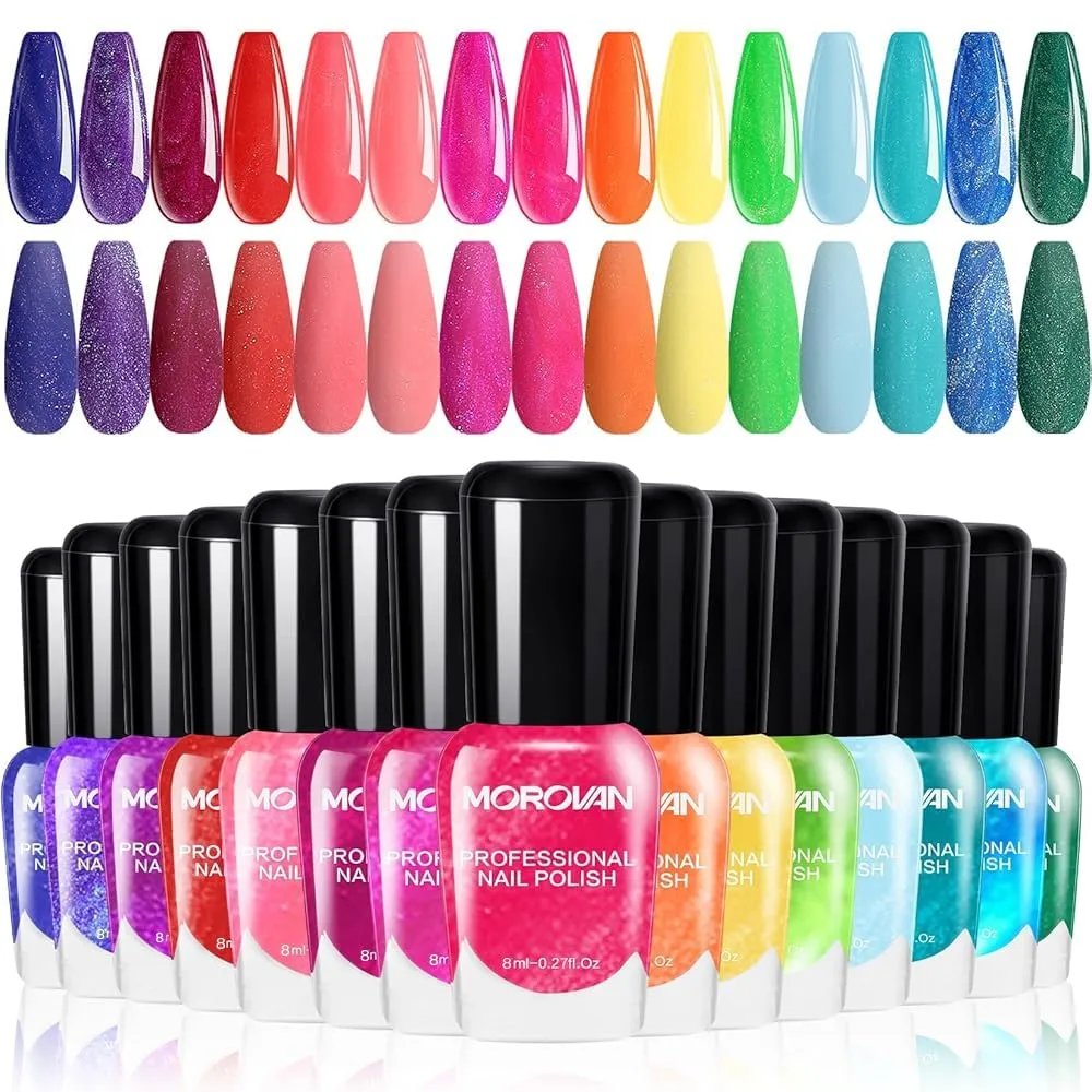 Morovan Nail Polish Set Fingernail: Shimmer Glitter Air Dry 15 Bright Colors 0.27oz Neon Regular Nail Polish Kit Finger Nail Set Gift for Women Spring Summer