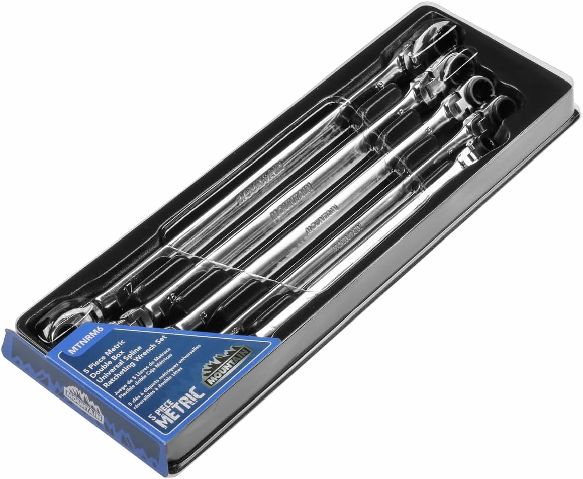 Mountain 5-Piece Metric Double Box Universal Spline Reversible Ratcheting Wrench Set; 8 mm - 18mm, 90 Tooth Design, Long, Flexible; MTNRM6
