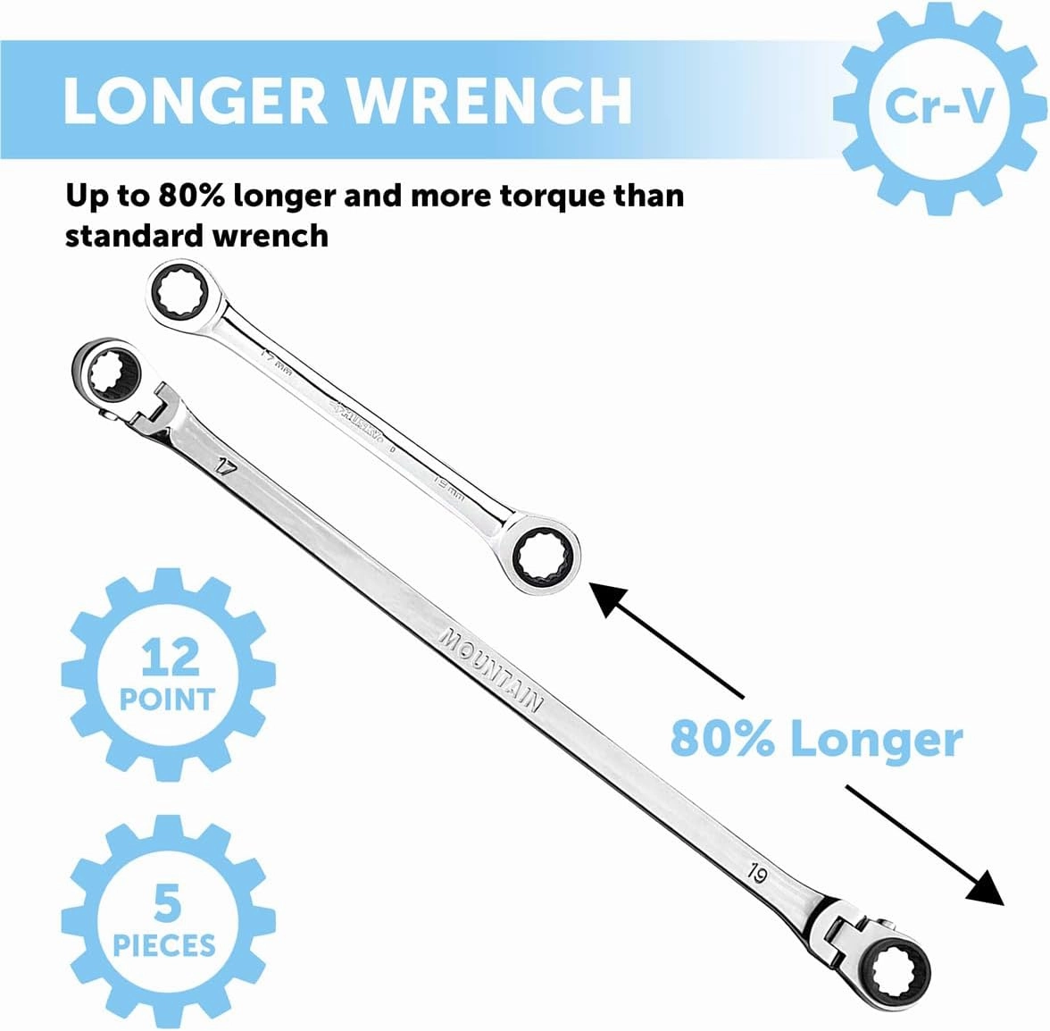 Mountain 5-Piece Metric Double Box Universal Spline Reversible Ratcheting Wrench Set; 8 mm - 18mm, 90 Tooth Design, Long, Flexible; MTNRM6