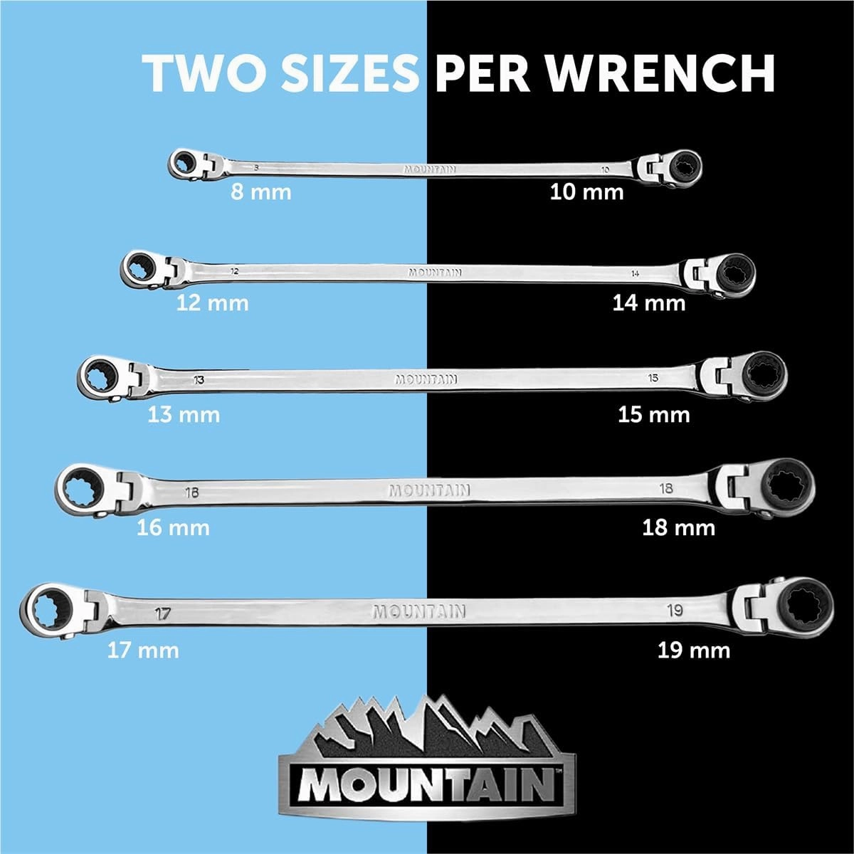 Mountain 5-Piece Metric Double Box Universal Spline Reversible Ratcheting Wrench Set; 8 mm - 18mm, 90 Tooth Design, Long, Flexible; MTNRM6