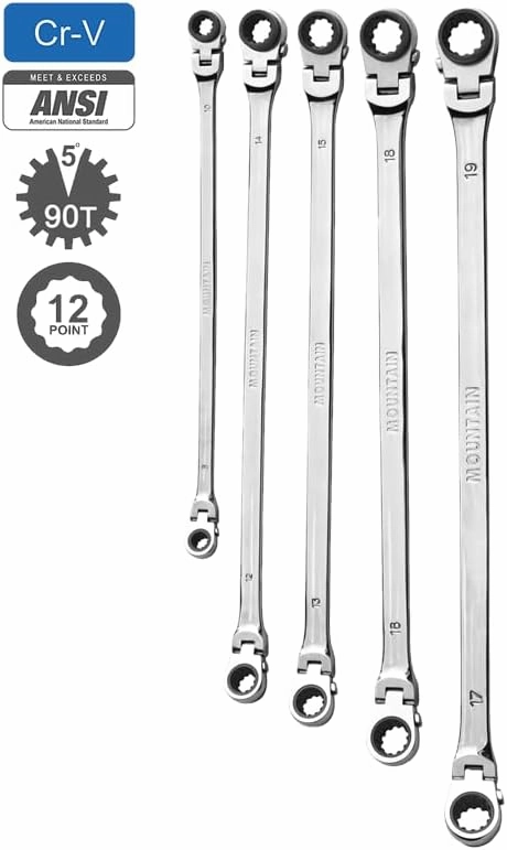 Mountain 5-Piece Metric Double Box Universal Spline Reversible Ratcheting Wrench Set; 8 mm - 18mm, 90 Tooth Design, Long, Flexible; MTNRM6
