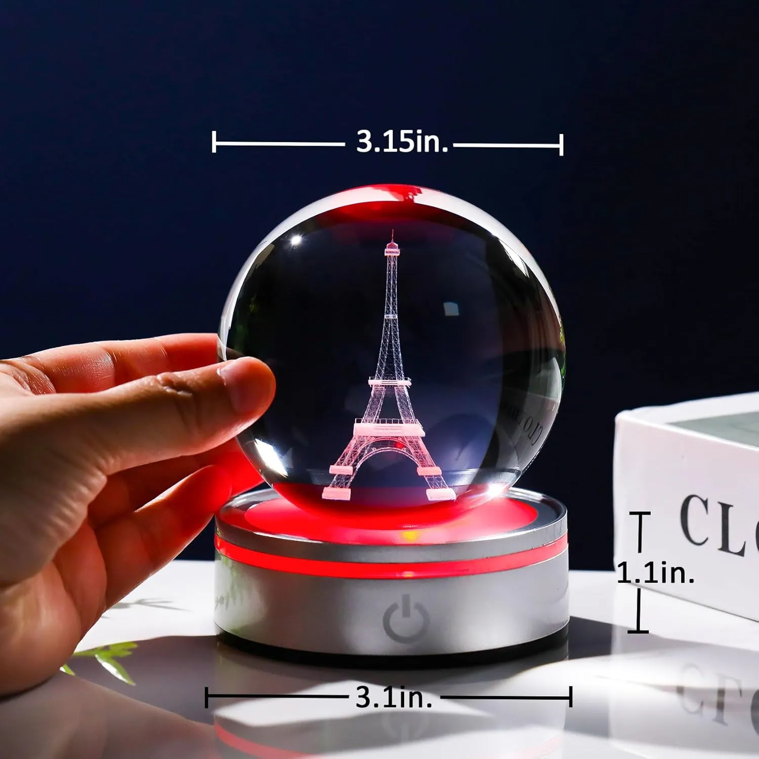 Movdyka 3D Crystal Ball Eiffel Tower Decor Statue Paris Gifts for Women Men, Laser Etched Eiffel Tower Snow Globes with Lamp Base, Paris Themed Bedroom Ornaments Party Decorations France Souvenirs