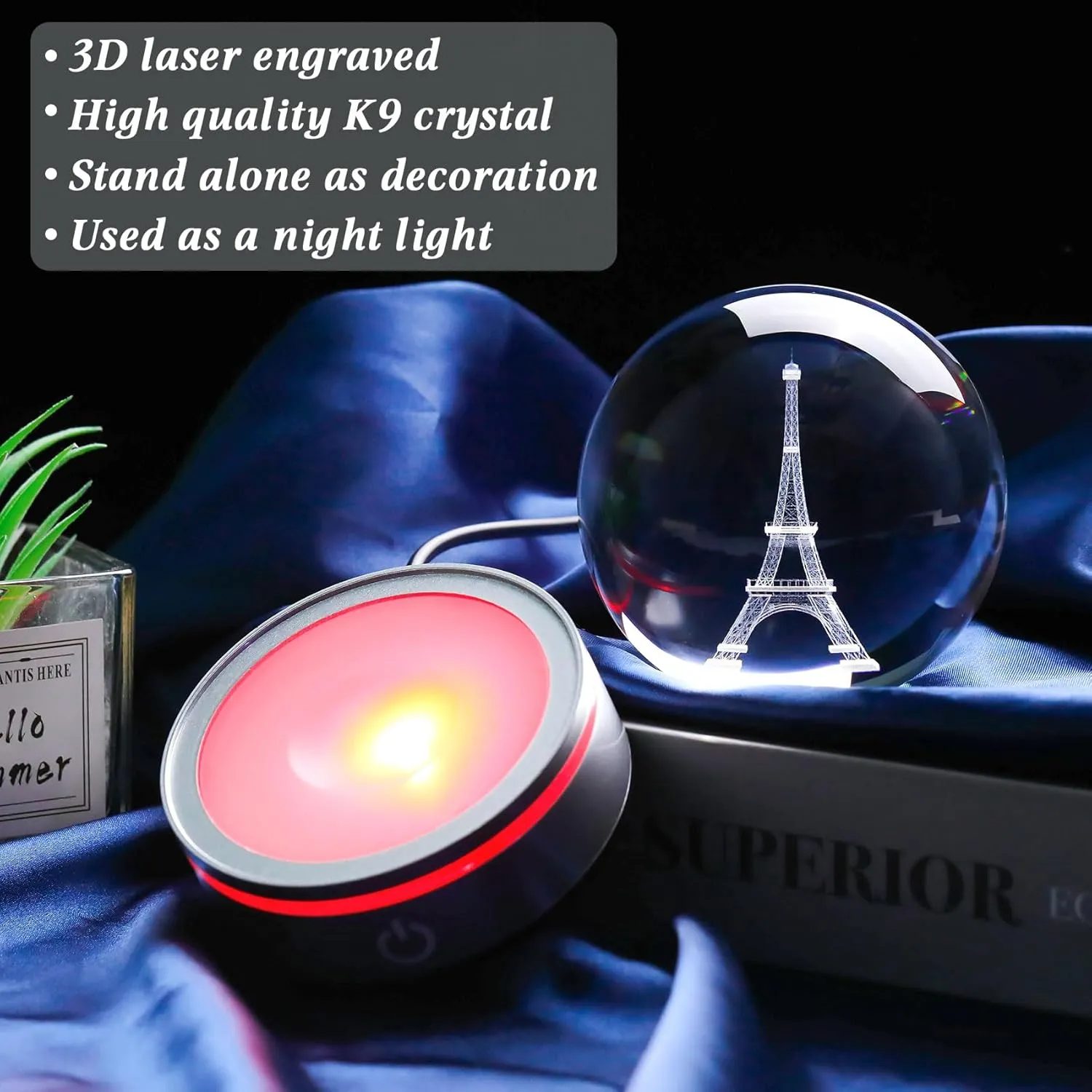 Movdyka 3D Crystal Ball Eiffel Tower Decor Statue Paris Gifts for Women Men, Laser Etched Eiffel Tower Snow Globes with Lamp Base, Paris Themed Bedroom Ornaments Party Decorations France Souvenirs